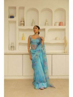 KAVANA - Women Floral Blue Seep Organza Saree with Unstitched Blouse