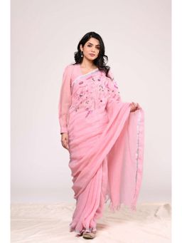 KAVANA - Women Embroidered Pink Roza Linen Saree with Unstitched Blouse