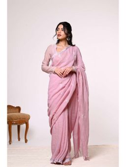 KAVANA - Women Embroidered Pink Rangana Linen Saree with Unstitched Blouse