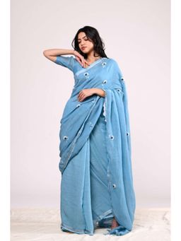 KAVANA - Women Blue Embroidered Gulista Linen Saree with Unstitched Blouse