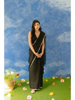 KAVANA - Women Black Shatee Linen Saree with Unstitched Without Blouse