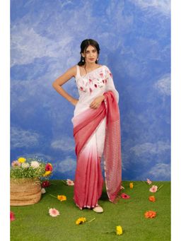 KAVANA - Women White Embroidered Gulabi Amber Saree with Unstitched Without Blouse