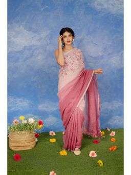 KAVANA - Women Pink Embroidered Gulkand Linen Saree with Unstitched Without Blouse