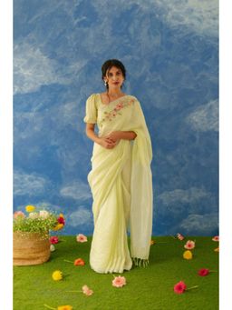 KAVANA - Women Embroidered Green Aaftab Linen Saree with Unstitched Without Blouse