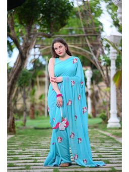 Ensembles - Unicorn Dark Turquoise Georgette Saree with Unstitched Blouse