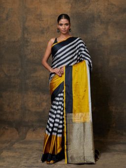 VISHWA - Black and White Stripe Banarasi Mashru Silk Saree with Unstitched Blouse