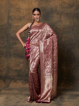 VISHWA - Dark Maroon Peacock Shikargah Banarasi Silk Saree with Unstitched Blouse
