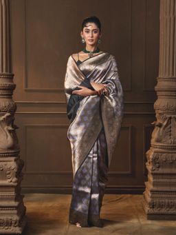 VISHWA - Black Brocade Saree with Unstitched Blouse Silver and Gold Zari
