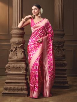 VISHWA - Pink Banarasi Intricate Jaal Weave Silk Saree with with Unstitched Blouse