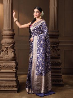 VISHWA - Blue Banarasi Silk Rose Jaal Saree with Unstitched Blouse