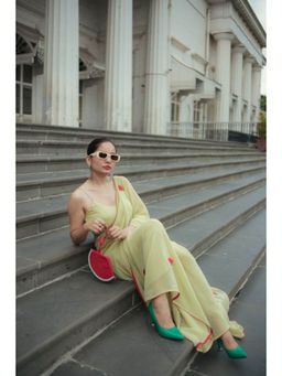 Ensembles - Watermelon Olive Green Georgette Saree with Stitched Blouse