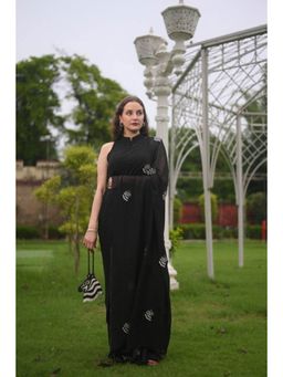 Ensembles - Zebra Black Viscose Saree with Stitched Blouse