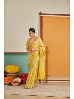 KAVANA - Women Embroidered Yellow Amal Zari Linen Saree with Unstitched Blouse