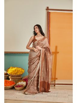 KAVANA - Women Brown Falaq Zari Linen Saree with Unstitched Blouse