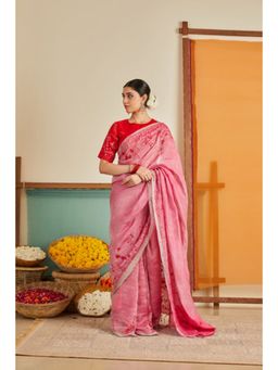 KAVANA - Women Pink Embroidered Gul Zari Linen Saree with Unstitched Blouse