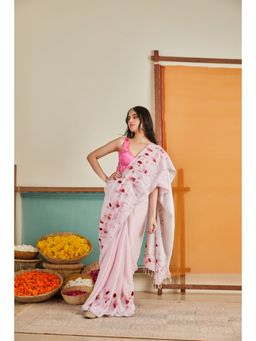 KAVANA - Women Floral Pink Rida Linen Saree with Unstitched Blouse