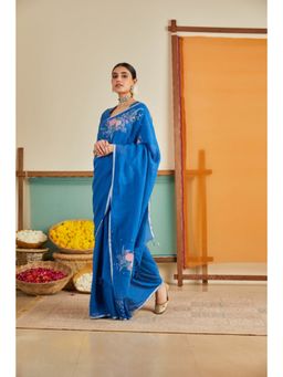 KAVANA - Women Blue Aprajita Linen Saree with Unstitched Blouse