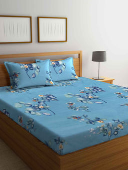FABINALIV - Blue Floral 210 TC Cotton Blend Bedsheet with 2 Pillow Covers (King)
