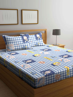 FABINALIV - Blue Cartoon Print 210 TC Cotton Blend Bedsheet with 2 Pillow Covers (King)