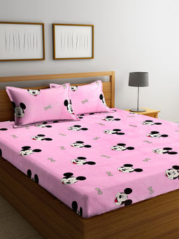 FABINALIV - Pink Cartoon Print 210 TC Cotton Blend Bedsheet with 2 Pillow Covers (King)