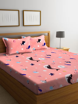 FABINALIV - Peach Cartoon Print 210 TC Cotton Blend Bedsheet with 2 Pillow Covers (King)