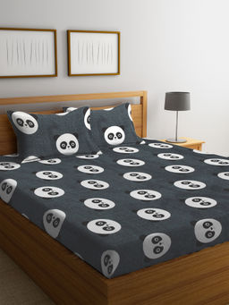 FABINALIV - Grey Cartoon Print 210 TC Cotton Blend Bedsheet with 2 Pillow Covers (King)