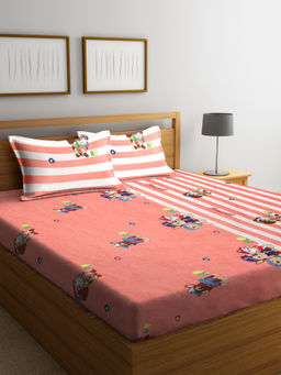 FABINALIV - Peach Cartoon Print 210 TC Cotton Blend Bedsheet with 2 Pillow Covers (King)