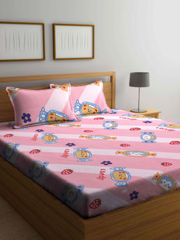 FABINALIV - Pink Cartoon Print 210 TC Cotton Blend Bedsheet with 2 Pillow Covers (King)