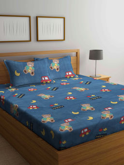 FABINALIV - Blue Cartoon Print 210 TC Cotton Blend Bedsheet with 2 Pillow Covers (King)
