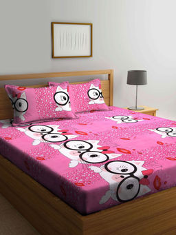 FABINALIV - Pink Cartoon Print 210 TC Cotton Blend Bedsheet with 2 Pillow Covers (King)