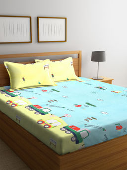 FABINALIV - Green Cartoon Print 210 TC Cotton Blend Bedsheet with 2 Pillow Covers (King)
