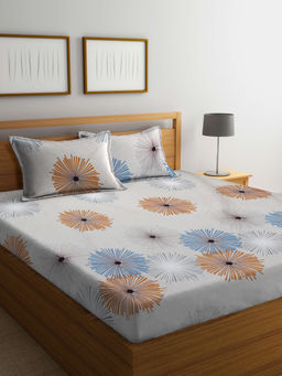 FABINALIV - Beige Floral 210 TC Cotton Blend Bedsheet with 2 Pillow Covers (King)