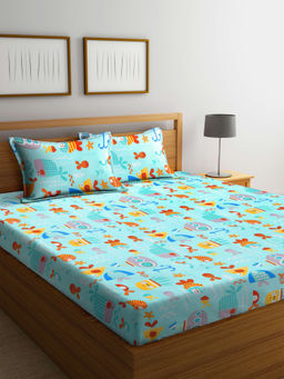 FABINALIV - Green Cartoon Print 300 TC Cotton Blend Bedsheet with 2 Pillow Covers (King)