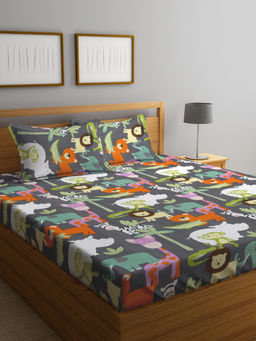 FABINALIV - Grey Cartoon Print 300 TC Cotton Blend Bedsheet with 2 Pillow Covers (King)
