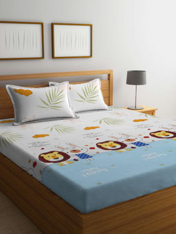 FABINALIV - Beige Cartoon Print 300 TC Cotton Blend Bedsheet with 2 Pillow Covers (King)