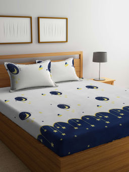 FABINALIV - Beige Cartoon Print 300 TC Cotton Blend Bedsheet with 2 Pillow Covers (King)