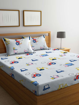 FABINALIV - White Cartoon Print 300 TC Cotton Blend Bedsheet with 2 Pillow Covers (King)