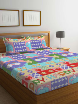 FABINALIV - Multi-Color Cartoon Print 300 TC Cotton Blend Bedsheet with 2 Pillow Covers (King)