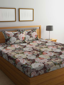 FABINALIV - Brown Floral 300 TC Cotton Blend Bedsheet with 2 Pillow Covers (King)