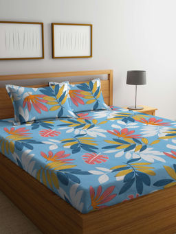 FABINALIV - Blue Floral 300 TC Cotton Blend Bedsheet with 2 Pillow Covers (King)