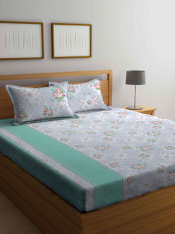 FABINALIV - Green Floral 300 TC Cotton Blend Bedsheet with 2 Pillow Covers (King)