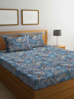 FABINALIV - Grey Floral 300 TC Cotton Blend Bedsheet with 2 Pillow Covers (King)