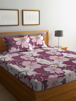 FABINALIV - Purple Floral 300 TC Cotton Blend Bedsheet with 2 Pillow Covers (King)