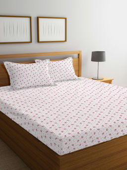 FABINALIV - White Floral 300 TC Cotton Blend Bedsheet with 2 Pillow Covers (King)