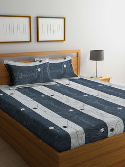 FABINALIV - Grey Striped 300 TC Cotton Blend Bedsheet with 2 Pillow Covers (King)