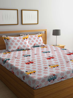 FABINALIV - White Cartoon Print 300 TC Cotton Blend Bedsheet with 2 Pillow Covers (King)