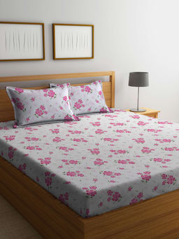 FABINALIV - White Floral 300 TC Cotton Blend Bedsheet with 2 Pillow Covers (King)