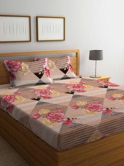 FABINALIV - Peach Floral 300 TC Cotton Blend Bedsheet with 2 Pillow Covers (King)