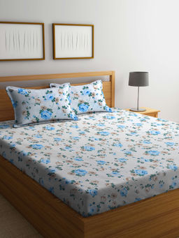 FABINALIV - White Floral 300 TC Cotton Blend Bedsheet with 2 Pillow Covers (King)