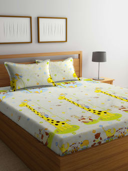 FABINALIV - Beige Cartoon Print 300 TC Cotton Blend Bedsheet with 2 Pillow Covers (King)